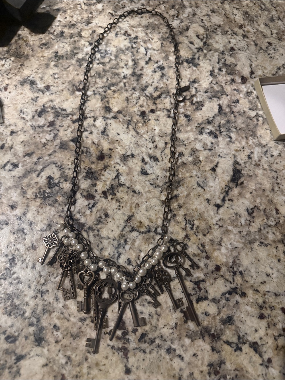 Plunder Antique Silver look Key Charm Necklace with Pearl Accents.NEW